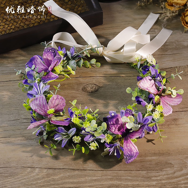 新款森系超仙紫色蝴蝶发箍花环头饰新娘婚纱礼服田园风旅拍配饰品