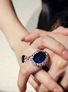 戴妃款皇家蓝戒指高级大克拉晚宴戒指S925银