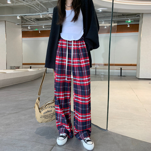 红色格子休闲裤女2023秋冬新款复古垂感宽松高腰直筒小个子阔腿裤