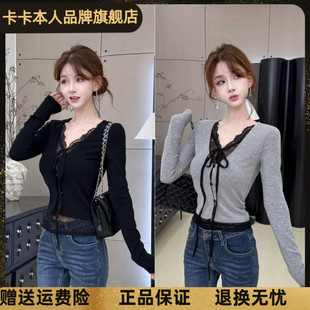 卡卡正品【风月俏佳】蕾丝拼接假两件系带纯欲v领修身上衣显瘦T恤