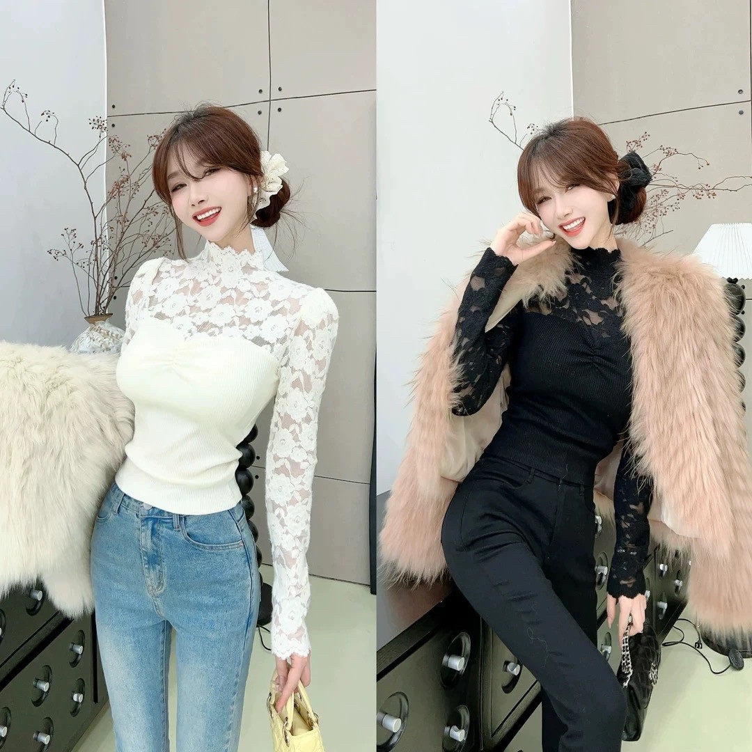 卡卡女装官方旗舰蕾丝拼接针织衫
