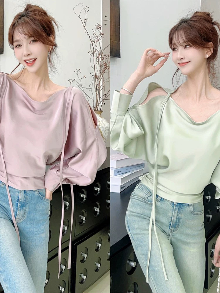 卡卡正品官方《蓉影清婉》缎面衬衫露肩高级感气质打底衫纯欲上衣