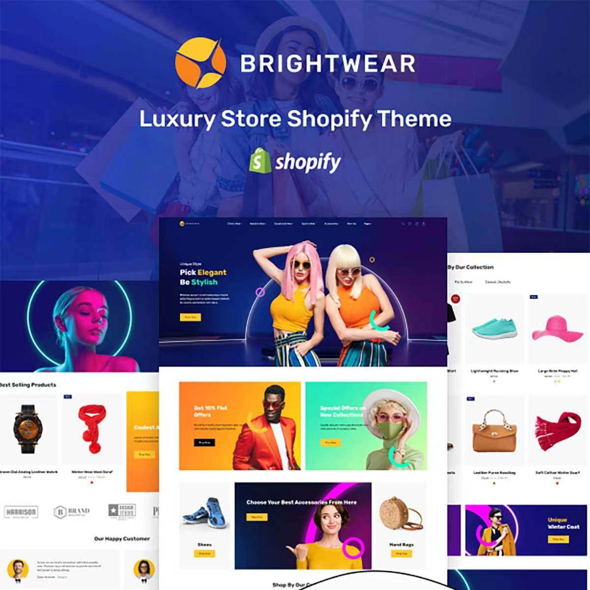 衣服装珠宝首饰品手表丝巾包包鞋子等Brightwear Shopify主题模版