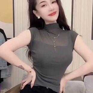 2026新款优洋气网纱女士短袖T恤女夏季新款半高领内搭打底衫上衣