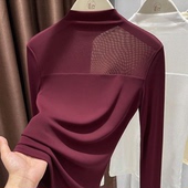 女秋 打底衫 毛衣内搭半高领纱衣修身 显瘦上衣红色面膜网纱拼接长袖