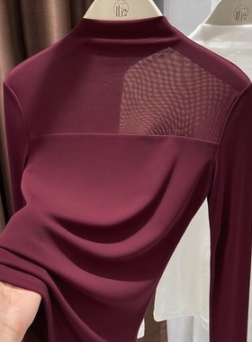 毛衣内搭半高领纱衣修身显瘦上衣红色面膜网纱拼接长袖打底衫女秋