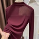 女秋 打底衫 毛衣内搭半高领纱衣修身 显瘦上衣红色面膜网纱拼接长袖