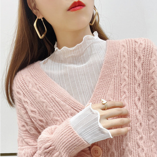 2024新款亮丝半高领网纱薄款内衬上衣女春秋白色蕾丝打底衫女内搭