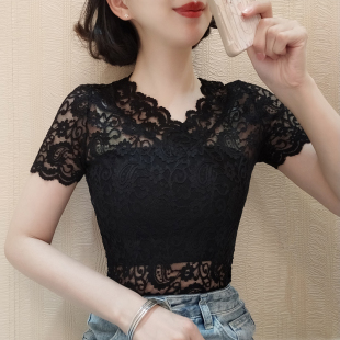 蕾丝衫新款v领心机设计感镂空网纱紧身小衫性感显瘦打底上衣女仙