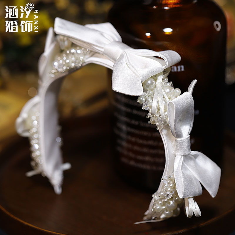 法式新品缎面蝴蝶结珍珠发箍头饰