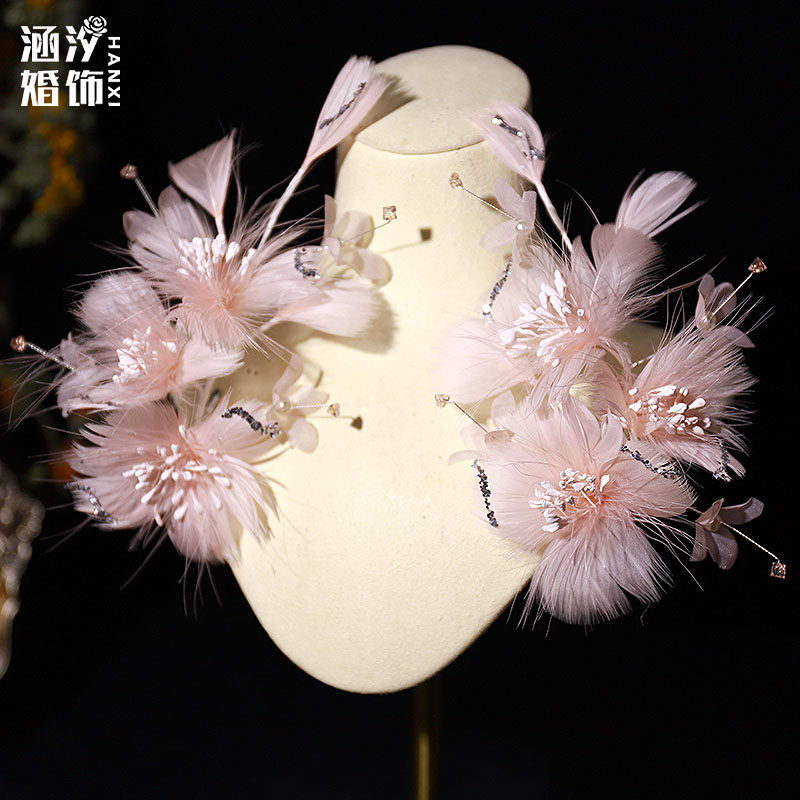 超仙粉色花朵羽毛写真韩式边夹
