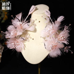 涵汐新款超仙粉色花朵羽毛写真韩式边夹新娘头饰森系婚纱礼服配饰