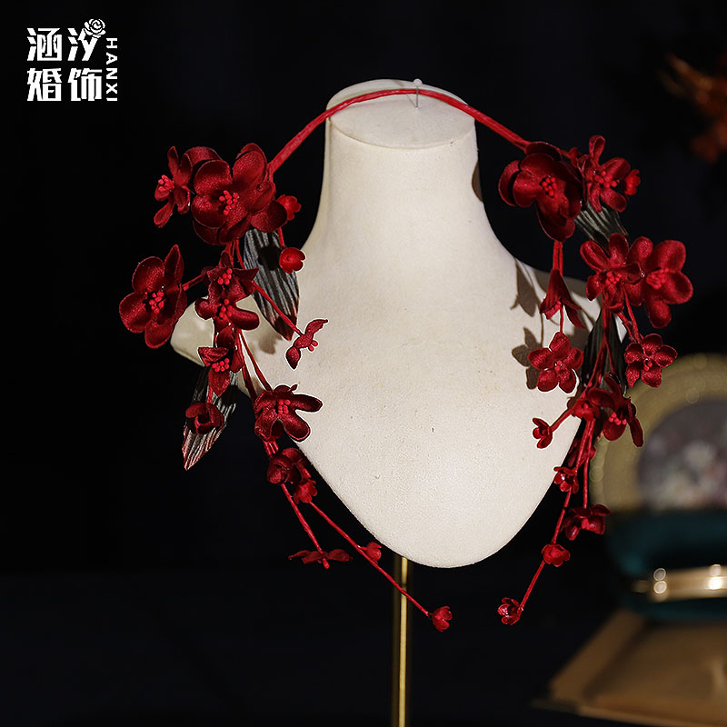 涵汐复古手工酒红色花朵发箍头饰