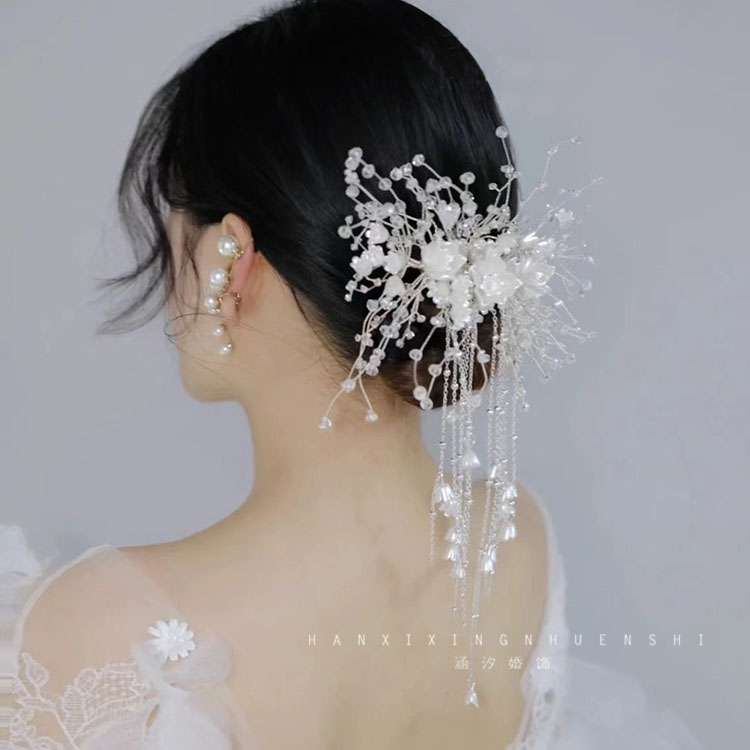 涵汐时尚甜美铃兰花长流苏唯美新娘婚纱造型发饰森系汉服白纱头饰