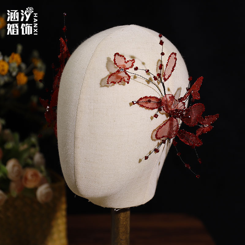 新款酒红色花碎砖花瓣对夹新娘