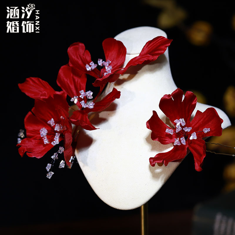 新款酒红色立体花朵水晶边夹发簪头饰新娘结婚敬酒服旗袍盘发配饰