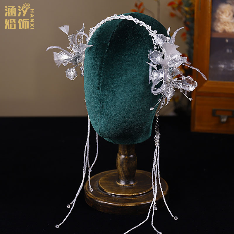 涵汐原创仙美灵动羽毛水晶串珠发夹流苏发带新娘头饰盘发晨袍发饰