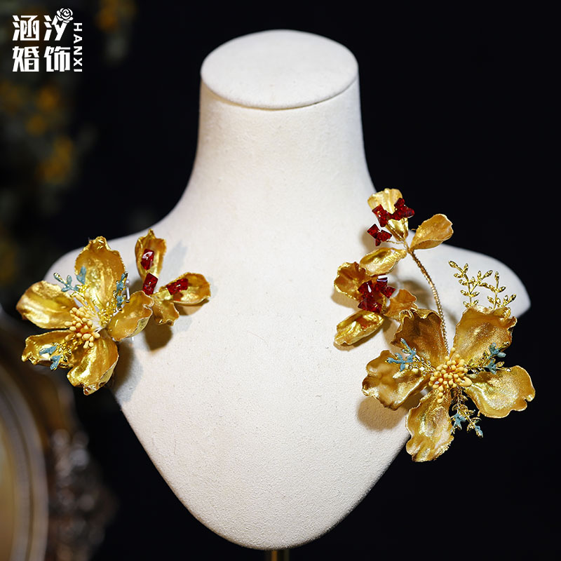 中式古风秀禾头饰龙凤褂金色花朵