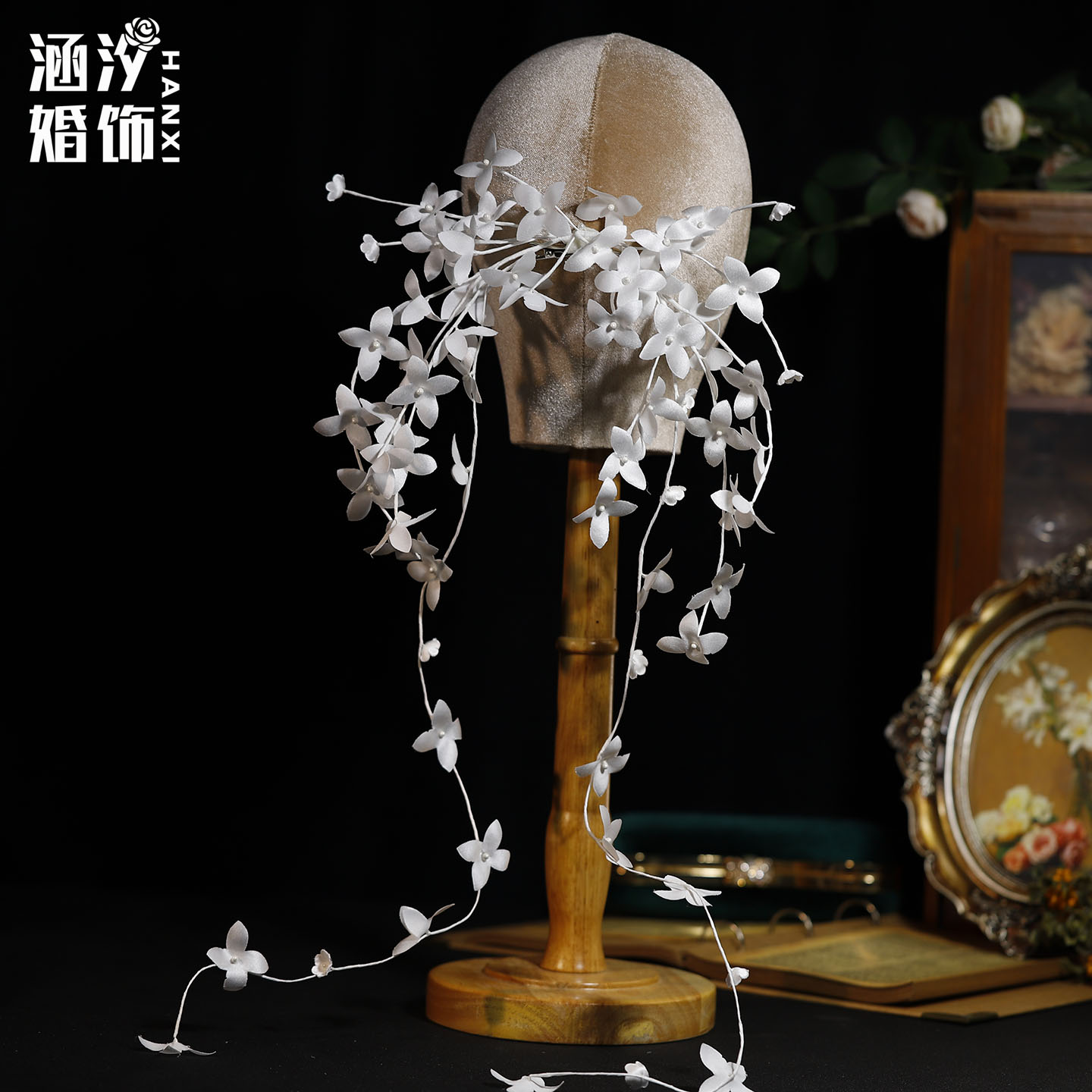 涵汐超仙新娘白色花瓣流苏发饰