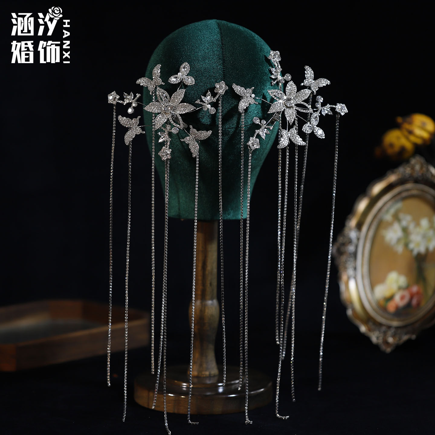 奢华水钻花朵流苏新娘头饰