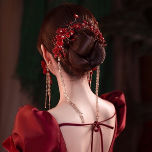原创酒红色水晶珠花闪耀红色流苏对夹套装敬酒服礼服高级感头饰