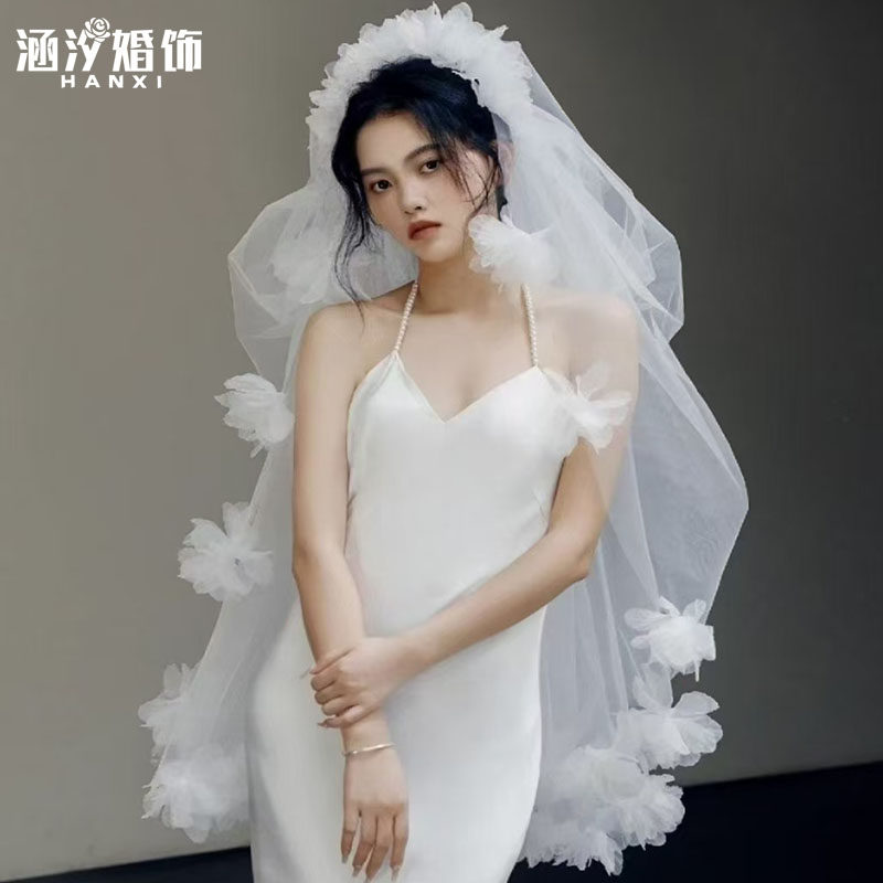 新款超仙气质花朵新娘结婚头纱