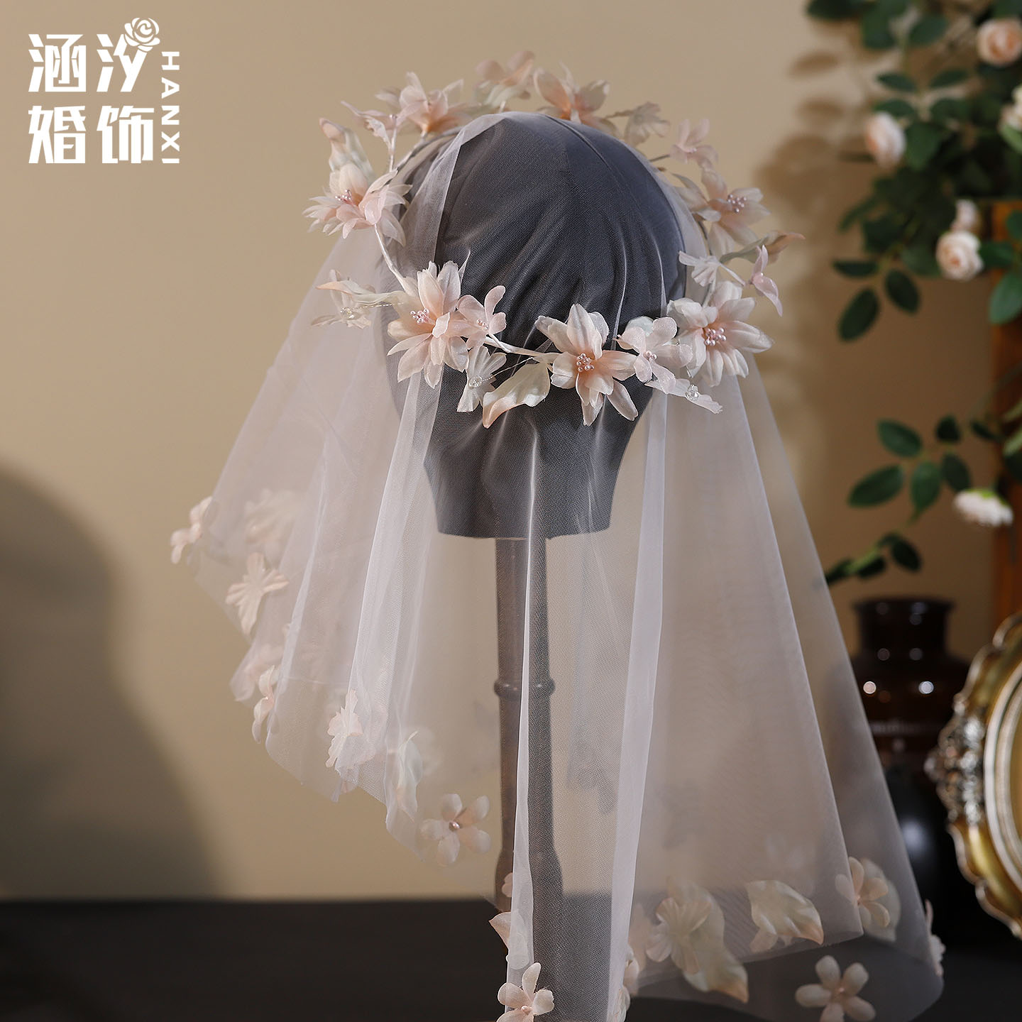 涵汐法式甜美渐变粉绢纱新娘头纱