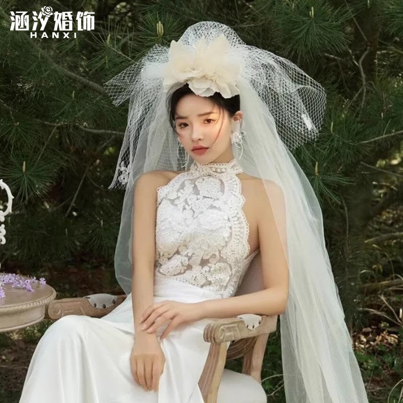 森系复古超仙新娘新款立体绢花多网纱蓬蓬头纱减龄少女感造型配饰