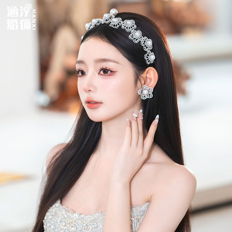珍珠花朵皇冠耳环套装新娘头饰