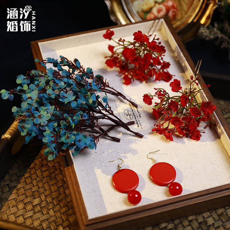 2025新款复古仿真红蓝花朵头饰品