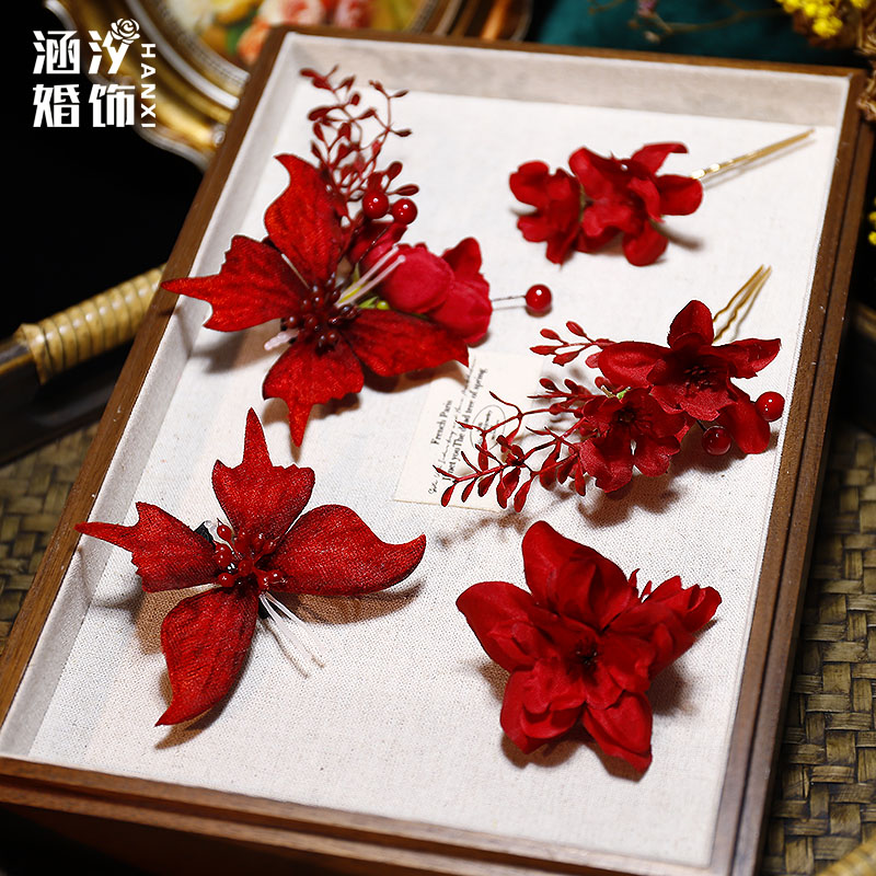 涵汐新中式红色蝴蝶花朵新娘发饰