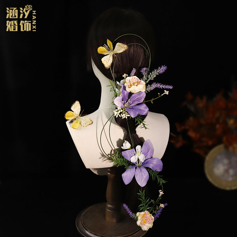 新中式紫色花朵竹编发饰头花头饰