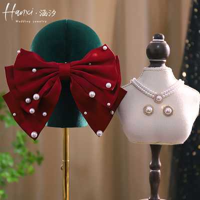涵汐新款缎面珍珠大蝴蝶结发夹