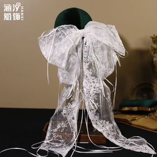 森系超仙蕾丝飘带夸张大蝴蝶结发夹新娘头饰高级感甜美韩式配饰