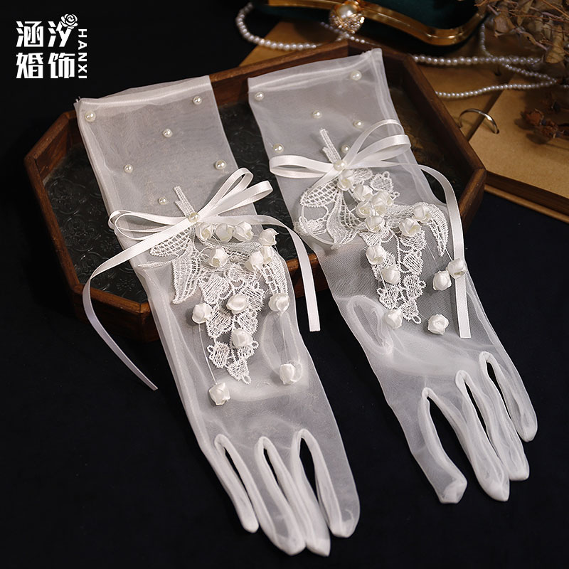 新款简约白色蕾丝花瓣婚纱手套