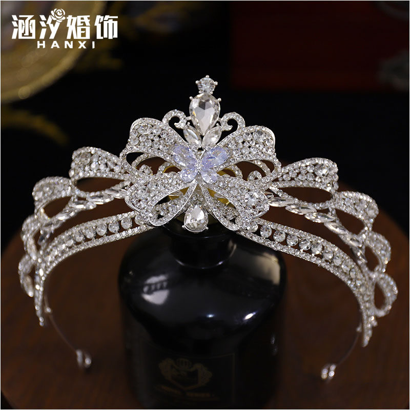 新款奢华锆石水钻合金蝴蝶结大皇冠新娘婚纱头饰宴会王冠影楼发饰