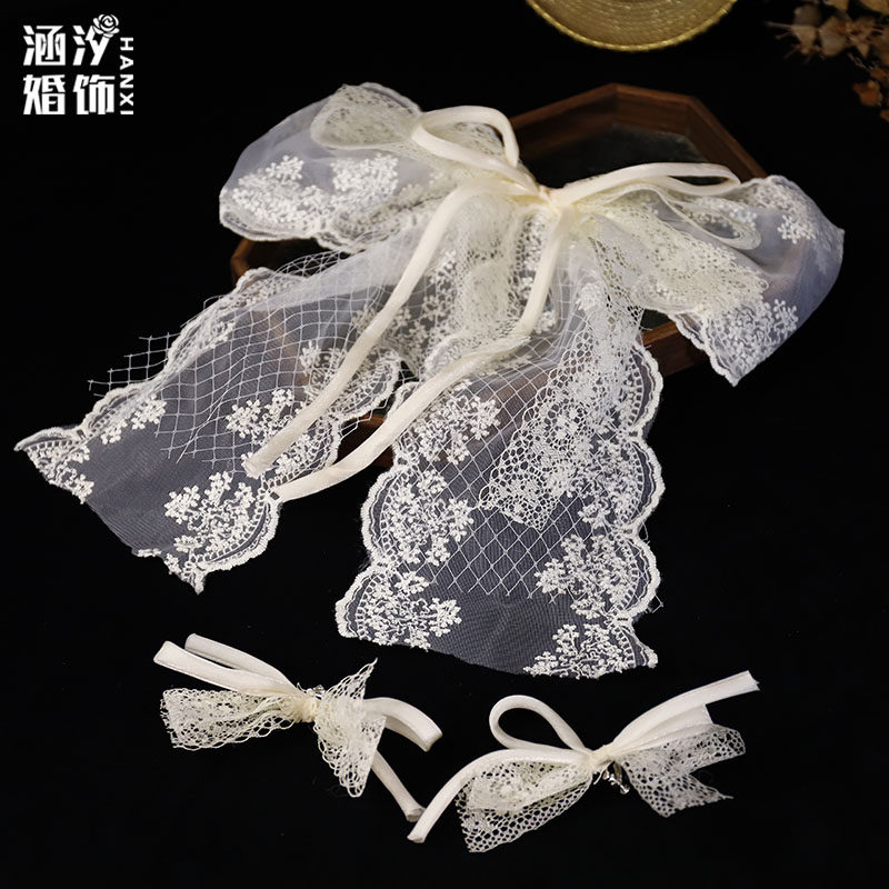 涵汐复古超仙新娘头饰法式蕾丝大蝴蝶结发夹耳饰婚纱礼服旅拍发饰