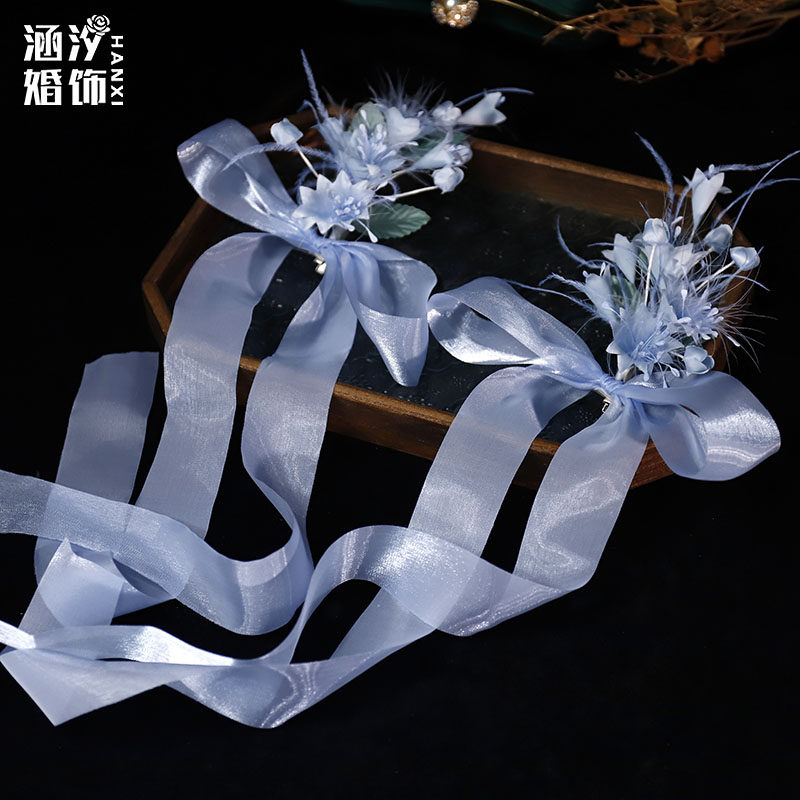 超仙蓝色羽毛花朵蝴蝶结新娘头饰