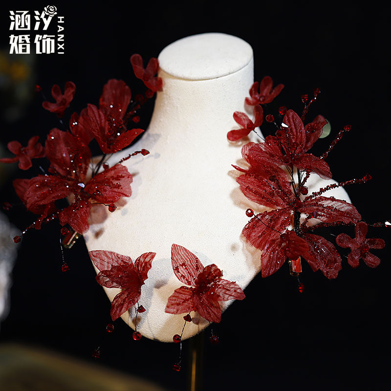新款酒红色水晶娟纱花瓣敬酒服
