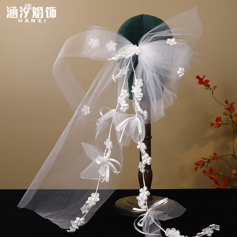 法式新款网纱大蝴蝶结花朵头饰复古森系结婚韩式跟妆婚纱礼服配饰