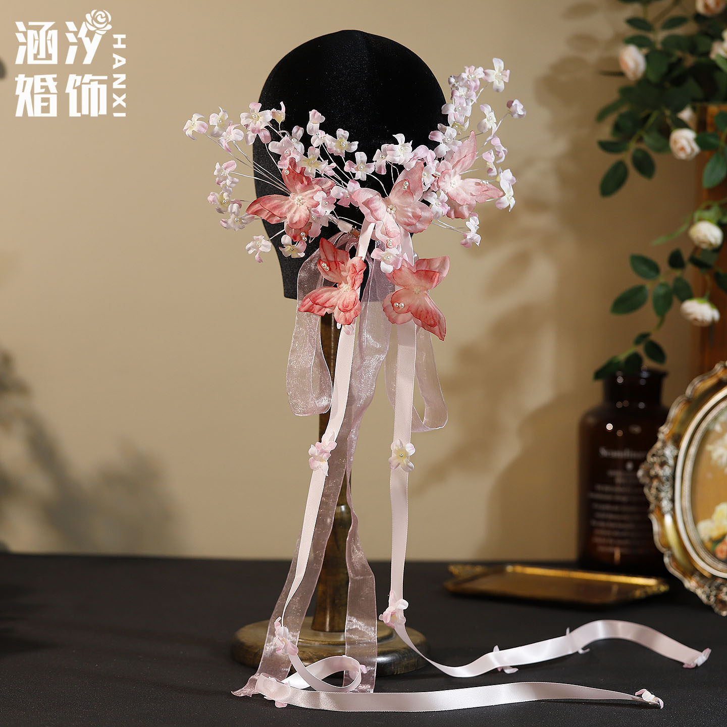 涵汐森系粉色花朵蝴蝶新娘发夹