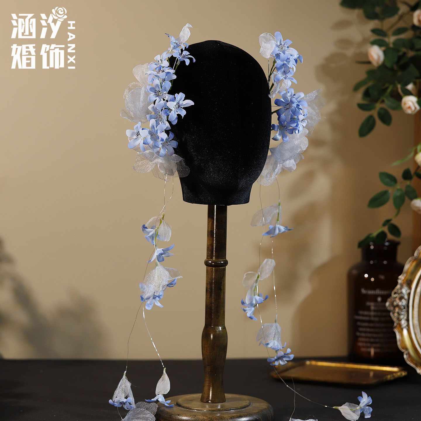 森系蓝色蕾丝仿真花流苏新娘头饰