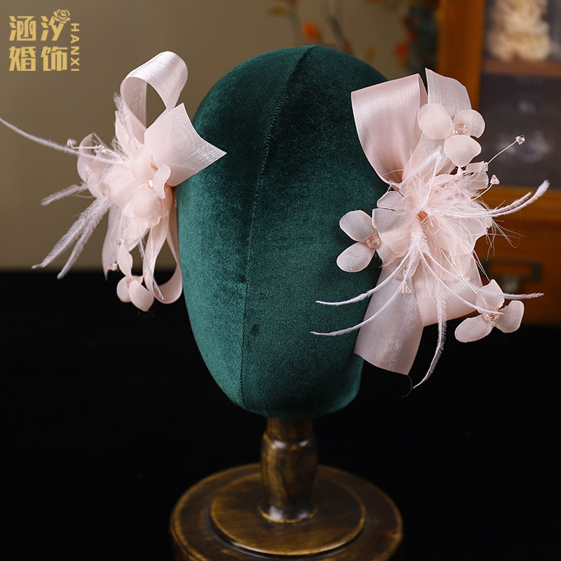 新品甜美羽毛花朵蝴蝶结对夹婚纱礼服头饰头花影楼跟妆盘发配饰