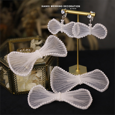 新款白折丝纱蝴蝶结发夹套装新娘头饰白纱珍珠礼服发饰品造型边夹