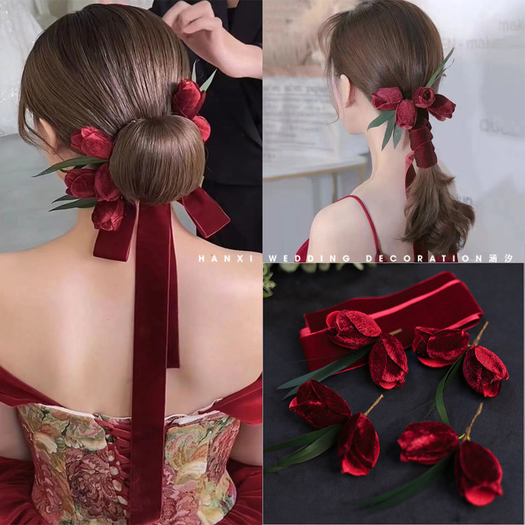 法式复古酒红色丝绒郁金香花朵飘带新娘头饰影楼写真造型彩妆配饰