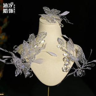 新款灵动羽毛蝴蝶闪钻头饰边夹韩式减龄水晶发饰结婚纱晚礼服配饰