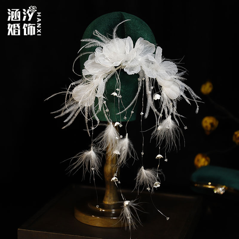 森系仙美白色羽毛花朵新娘发夹
