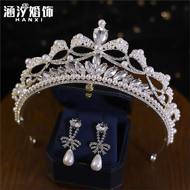 法式新款简约珍珠蝴蝶结闪亮气质大皇冠水晶王冠发饰主婚纱配饰