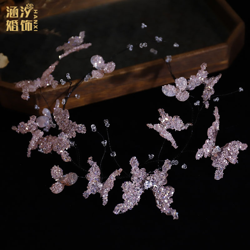 涵汐新款小众粉色水晶蝴蝶软发箍新娘头饰甜美公主盘发配饰品韩式