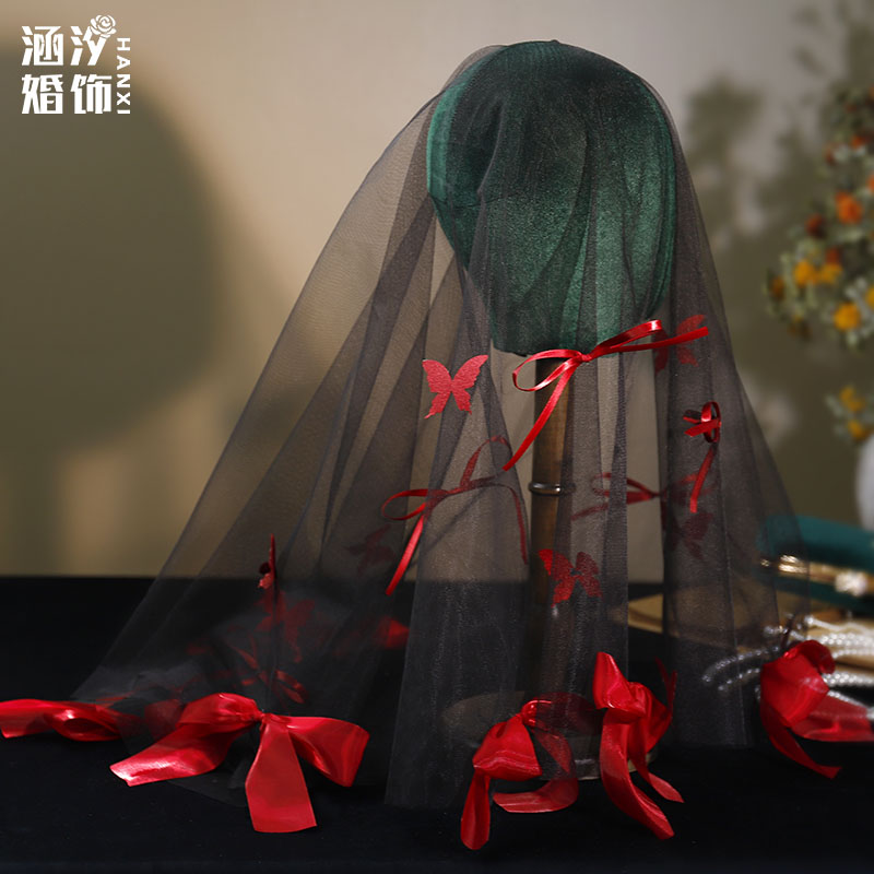 新款红色蝴蝶结黑色万圣节头纱